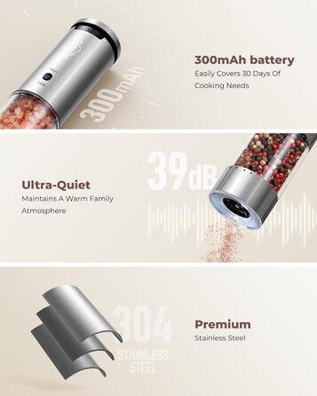Sangcon Electric Salt and Pepper Grinder Set, 2 Speeds Rechargeable, 6 Externally Adjustable Grind Settings, Automatic Salt and Pepper Grinder Set with Storage Base, One-Hand Operation