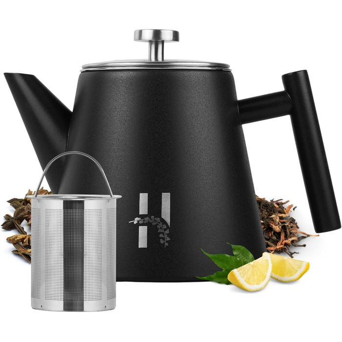 Hanamura Thermo Teapot with Infuser - Stainless Steel Teapot, Double-Walled and with Strainer - 1L - Black Metal Teapot - Insulated Thermos Modern Design