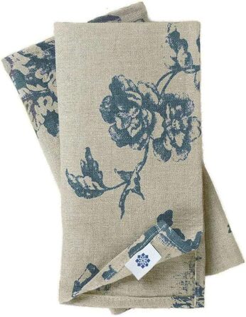 Linen & Cotton High-Quality Vintage 4 x Fabric Napkins Napkins Linen Napkins Flores with Floral Pattern - 100% Linen, Beige Blue (43 x 43 cm) for Home Kitchen Dining Room Decoration
