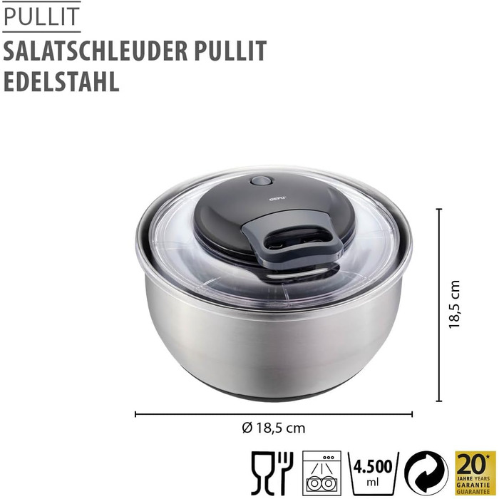 GEFU Салатоотжим - 5 л, вбудований виливник, кнопка стоп, неслизький, придатний для миття в посудомийній машині (4,5 л, кришка, нержавіюча сталь + кришка для зберігання)