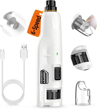 Електричний точилка для кігтів собак Casfuy - 6 режимів, 45 dB, з LED-підсвічуванням, для великих, середніх та малих собак, з захистом від пилу (білий)