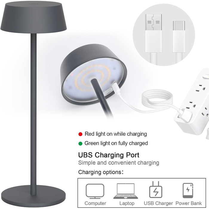 Світлодіодний акумуляторний настільний світильник Klighten з димером, сенсорний, металевий, алюмінієвий, IP54, перезаряджуваний, тепле біле світло 3000K, антрацит