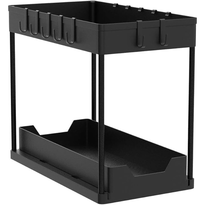 Dish Cabinet Organizer - 2 Pack Under Sink Shelf Organizer - Pull Out Storage Shelf Organizer with 16 Hooks, Black