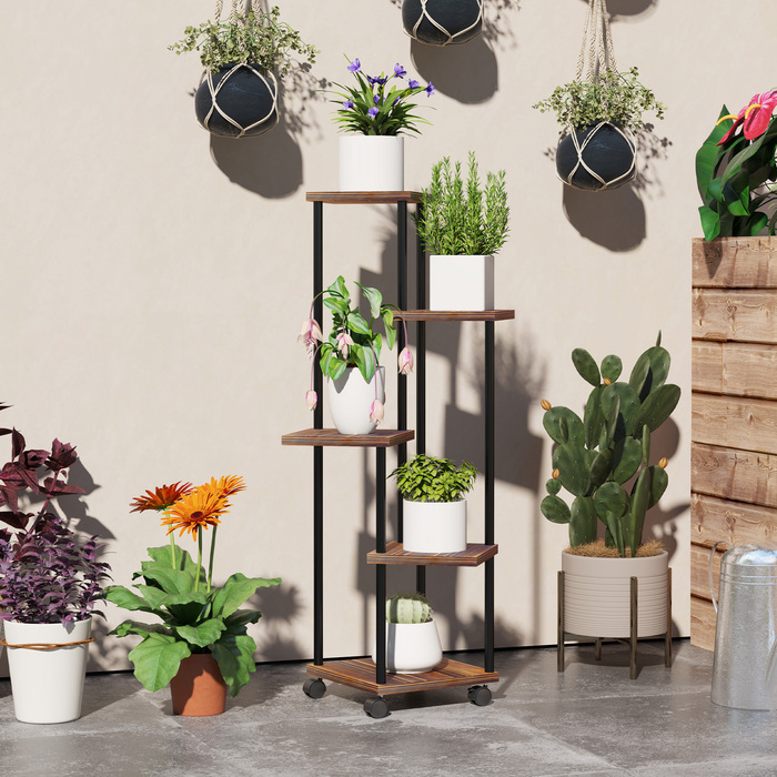 Outsunny 5-Tier Plant Stand with Wheels, Flower Stand for Indoor Outdoor, Steel and Wood Plant Shelf, Multi-Level Flower Shelf, 110cm High Flower Ladder for Living Room, Garden Balcony Decor, Charcoal | Aosom