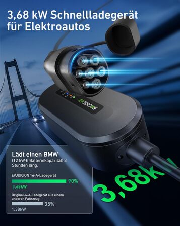 Кабель для зарядки електромобіля Evjuicion Typ 2 Schuko, 3.68kW, 6м, 16A, з індикатором, IP67, для ID.3/4, X1, 5ER, Model Y/3 та інших електромобілів