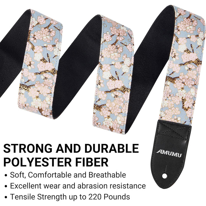 Гітарний ремінь Amumu з бавовни з вишивкою троянд та шкіряними кінцями для бас, електро та акустичної гітари, з фіксатором та блоками для ременя (Цвітіння сливи)