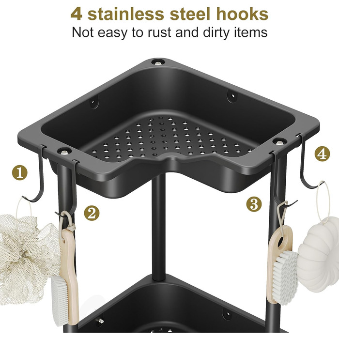 Orimade 4-Piece Shower Caddy Standing Stainless Steel, Corner Shower Shelf Freestanding with 4 Hooks, Plastic-Metal Combination Shower Baskets Floor Standing for Bathroom, 10 x 10 x 44.6 inches Black
