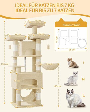 Кігтеточка для котів Hzuaneri 176 см, XL, 3 платформи, 2 печери, 7 стовпчиків, гамак, плюшеві кульки, для багатокотових домівок, MS17618SG (Бежевий)