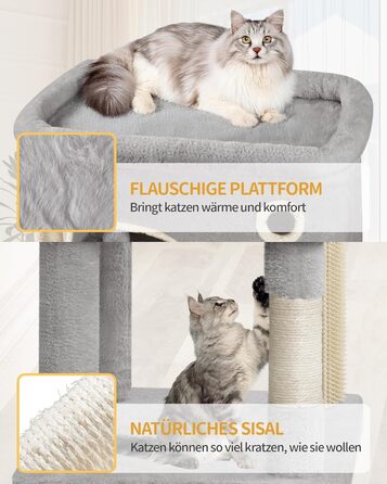 Когтеточка для котів Hzuaneri XXL (203 см) з великою платформою, 2 печери, 7 стовпчиків, помпонами, лежаками та гамаком. Підходить для всіх порід котів. MS20318YL (Світло-сірий)