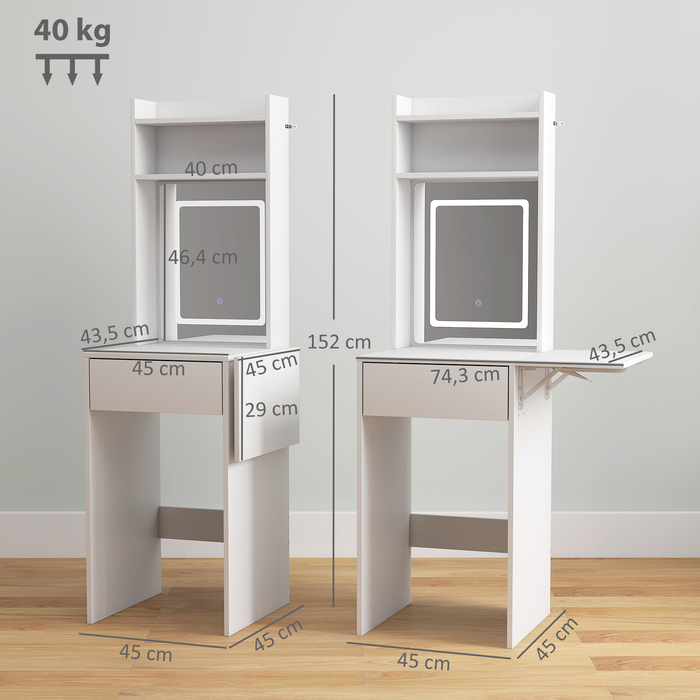 HOMCOM Compact Vanity Table with Mirror and LED Lighting, Folding Tabletop, Open Shelves, Drawer, MDF, White