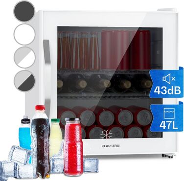 Міні-холодильник Klarstein з скляними дверцятами, для кімнати, барний холодильник з регульованими полицями, компактний, для дому/на вулицю, тихий (47 л, білий)