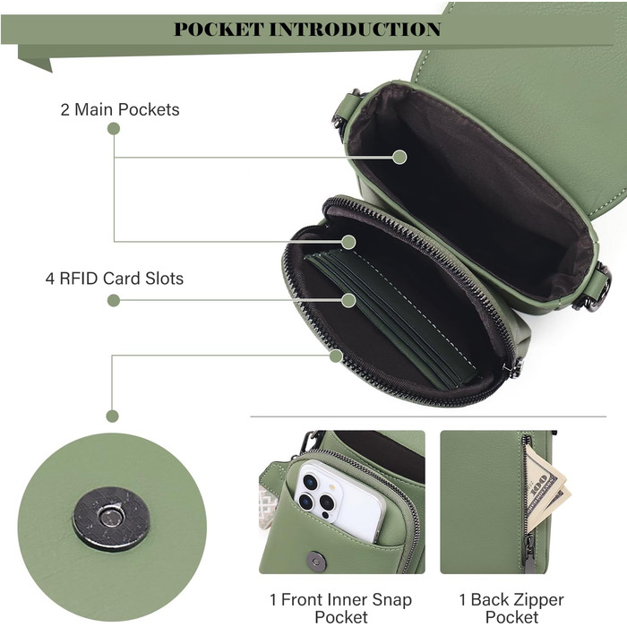 Сумка-органайзер на шию MUIIKOLA з RFID-захистом для телефону, веганська шкіра, зелений світлий. Сумка через плече для жінок з широким ременем та гаманцем.