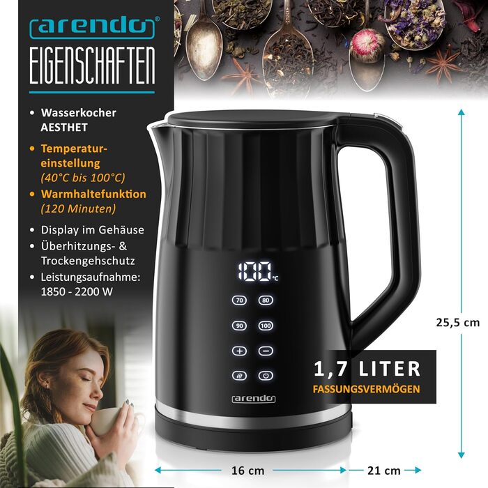 Електричний чайник Arendo з регулюванням температури, нержавіюча сталь, подвійні стінки Cool Touch, дисплей, бездротовий, 2200 Вт, 1,7 л, захист від перегріву, функція підтримання тепла, чорний