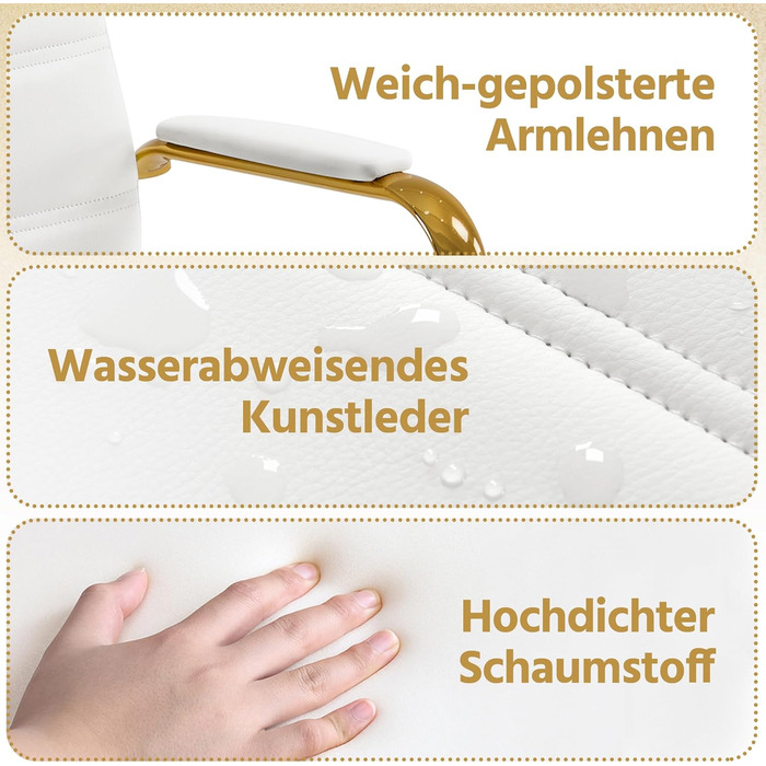 Офісне крісло Yaheetech з ергономічною спинкою, поворотне, з роликами та підлокітниками, до 130 кг, білий/золотий