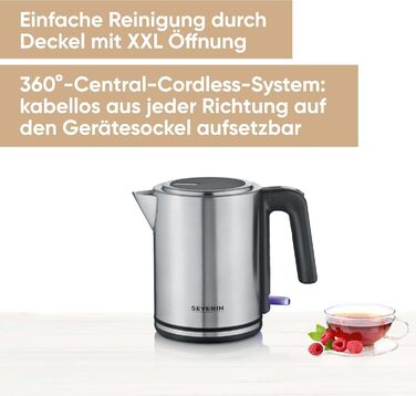 Електричний чайник SEVERIN 1 л з індикатором рівня води, фільтром від накипу, великим соплам, потужністю 2400 Вт, срільно-чорний колір, нержавіюча сталь, WK 3489