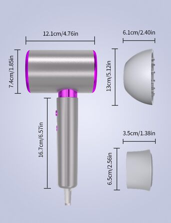 Іонний фен 2400W з холодним/гарячим режимом, 3 температури та 2 швидкості, дифузор та концентр, терморегуляція для дому, подорожей та салону краси
