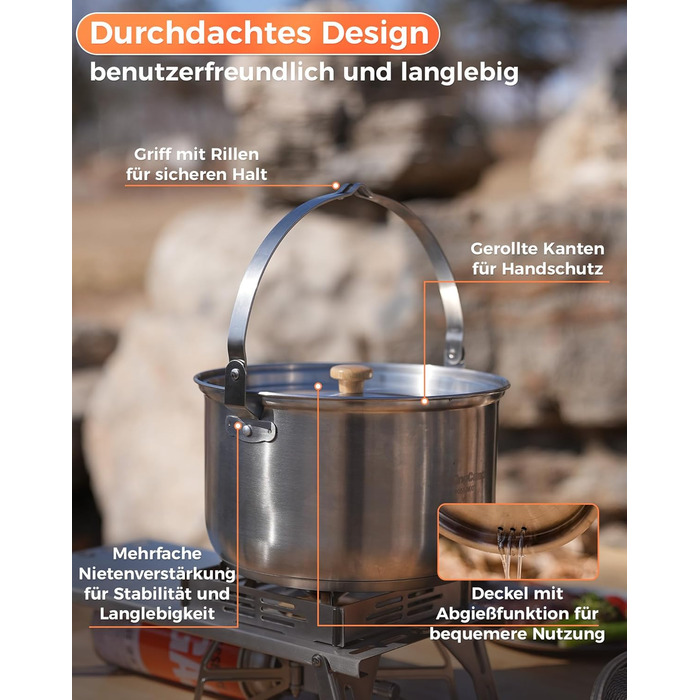 Набір посуду для кемпінгу KingCamp з кошиком, нержавіюча сталь, антипригарне покриття, 4-х частинний набір + чайник