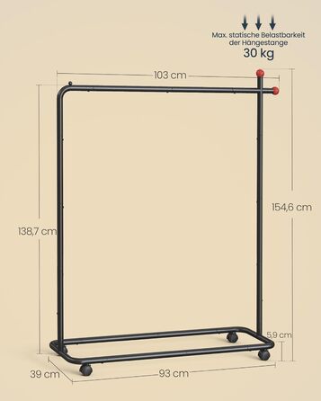 SONGMICS HOME Clothes Rack with Wheels, Coat Rack, 2 Clothes Rails, Shelf, Side Organizer, Matchstick-Shaped Hooks, Stable, Bedroom, Hallway, HSR171B01 (39W x 154.6H cm, Ink Black)