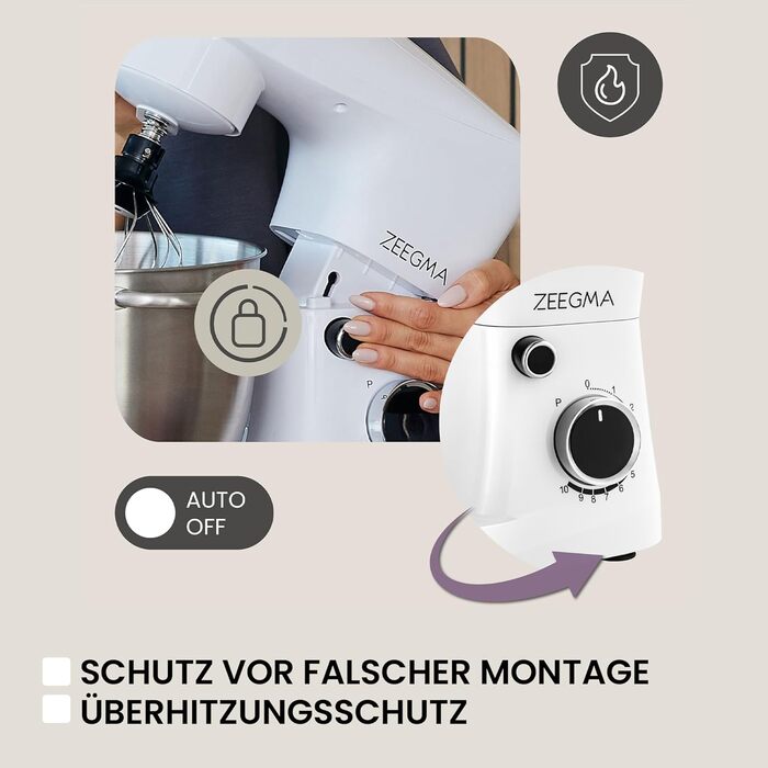 Кухонний комбайн ZEEGMA PLANEET EASY: планетарний міксер 1500 Вт з чашею 5.2 л, 10 швидкостей, насадки для замішування, збивання, готування. Білий