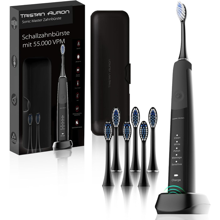 Електрична зубна щітка Tristan Auron Sonic Master (Чорний) Set 2: 55,000 VPM, 5 режимів, 60 днів акумулятора, з чохлом та 6 насадок. Без ризику – тестуйте 100 днів!