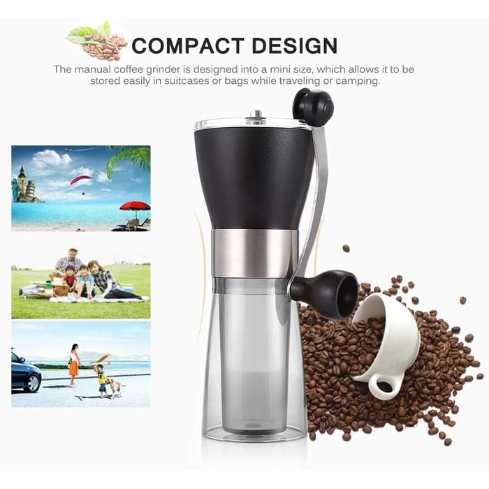 Ручна кавомолка T-mark, портативна з регулюванням, керамічна для дому та подорожей, чорний метал