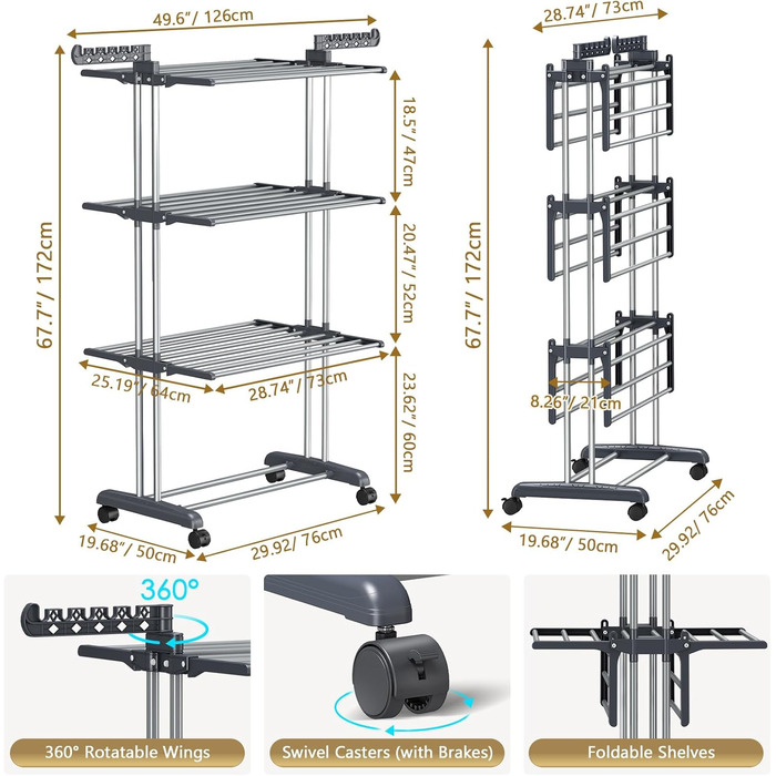 Сушарка для білизни 4-ярусна великої місткості з роликами, стабільна з нержавіючої сталі, для дому/на вулицю, сірого та чорного кольорів