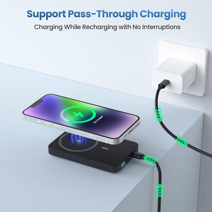 Power Bank HETP Магнітний 10800mAh з PD 20W, бездротова зарядка, USB-C, LED-дисплей, сумісний з MagSafe, iPhone 16/15/14/13/12, чорний