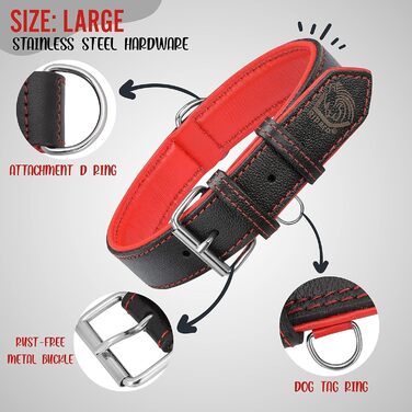 Нашийник для собак Riparo з натуральної шкіри, регульований, посилений (L, 3,8 см, чорно-червоний), чорно-червоний