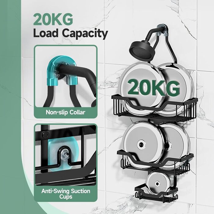 Поличка для душу без свердління, чорна. Настінна поличка для душу з 3 кошиками для шампуню та гелю для душу (Стиль B)