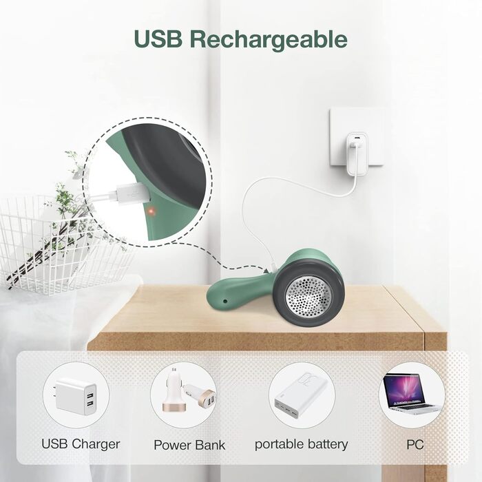 Електричний пристрій для видалення пуху та ниток, 3 леза, 2 швидкості, USB, для одягу та тканини (блакитно-зелений)