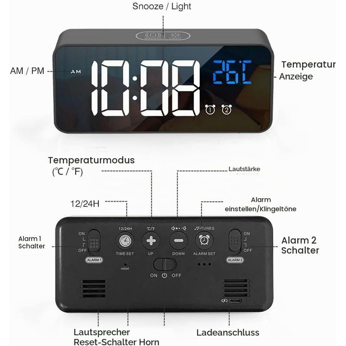Цифровий LED будильник настільний з USB-зарядкою, голосовим керуванням та термометром, 13 мелодій, 4 рівні яскравості, чорний