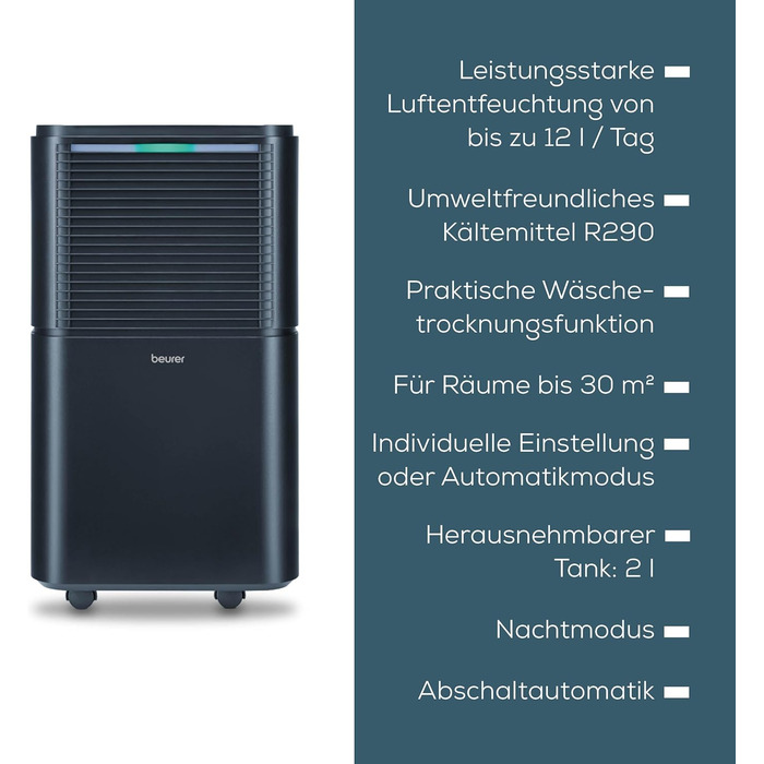 Електричний осушувач повітря Beurer LE 150: 12л/24г, осушувач для кімнати з функцією сушіння білизни, тихий нічний режим, захист від плісняви та запахів, бак 2л, до 30м2