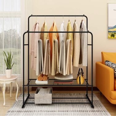 JURMERRY Freestanding Clothes Rack, Double Hanging Rod, High-Performance Metal with Shelf, Commercial Quality, Black