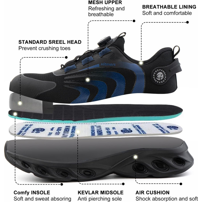 Черевики для роботи Hitmars: чоловічі та жіночі, з металевим носком, зручні кухарські черевики, легкі, для дахів, чорні та сині, EU36-48