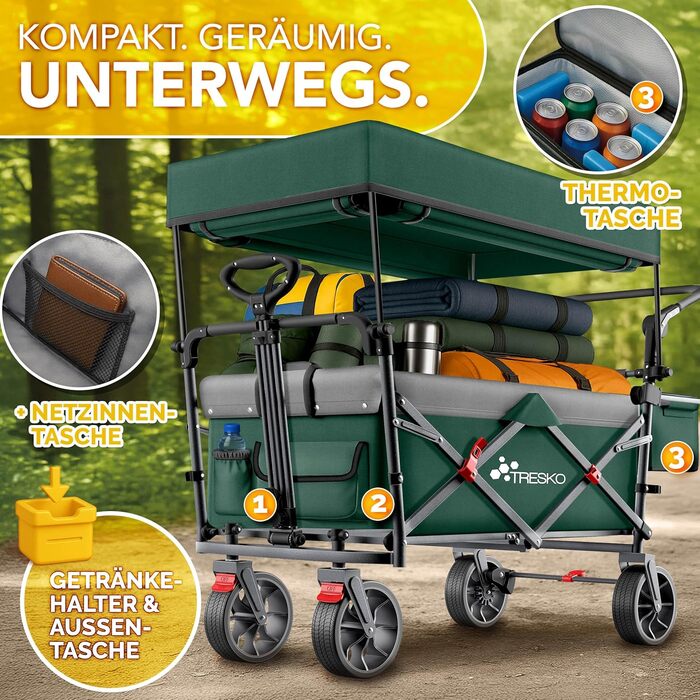 TRESKO® Вагончик-візок складний з дахом, кишеньою-холодильником та бічними шторками | Ручний візок, вантажопідйомність до 150 кг | Візок для перевезення з повного гумового покриття та гальмами (передні та задні) та 3-точкова система ременів безпеки (зелен