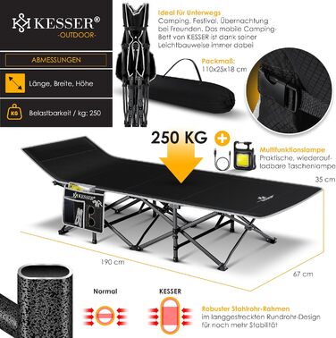 Кемпінгове ліжко KESSER® розкладне, металеве, чорне, 190 см з сумкою та ліхтарем