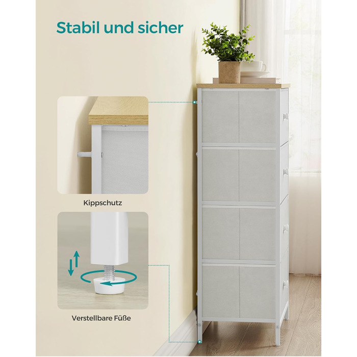 SONGMICS Chest of Drawers, Storage Cabinet with 4 Fabric Drawers, Metal Frame, Tall and Narrow, White-Oak Finish LTS314W57