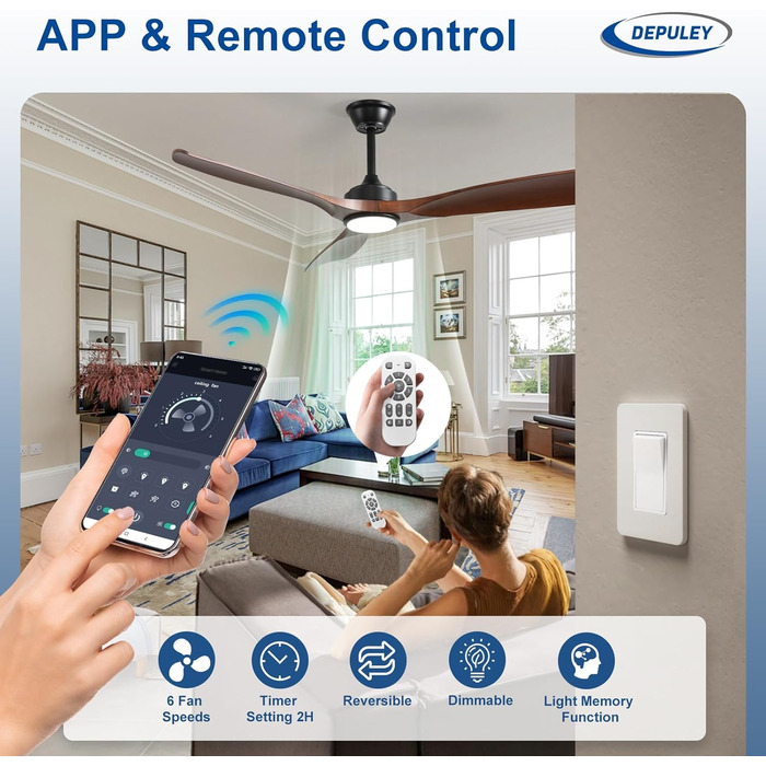 Depuley Стеляний вентилятор з підсвічуванням для вулиці: LED лампа з вентилятором для саду, тераси - 132 см, з підсвічуванням та APP для вітальні, ресторану, офісу, коричневий, 52''