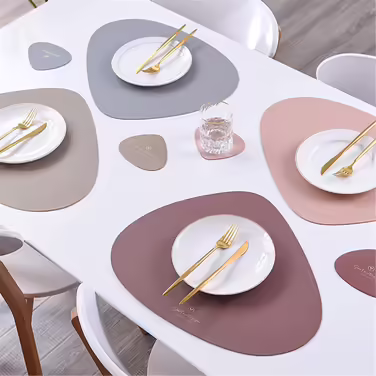 Set of 4/Set of 6 Placemats and Coasters, Triangle Oval Leather Table Sets, Water Drop Design, Wipeable Table Mat, Waterproof, Oil-Resistant, Non-Slip, Heat-Resistant Placemats (Gray, 6-Piece)