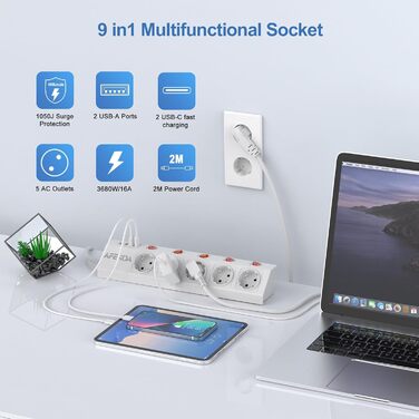 Мережевий фільтр 5-портовий з USB, індивідуальне вмикання, білий (3680W/16A) з 2 USB-C та 2 USB-A, швидка зарядка, захист від перенапруги, дитячий захист для офісу