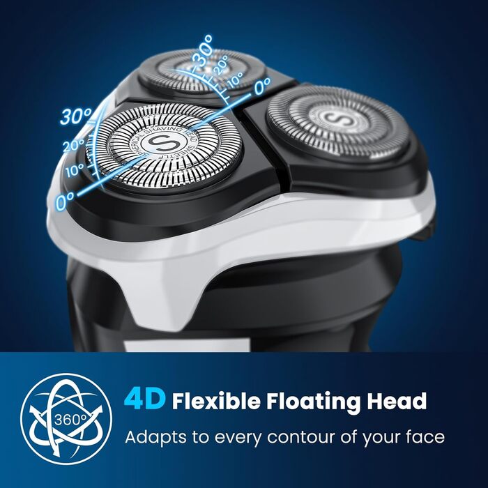 Електричний верстат для гоління SweetLF [2023 Neu] для чоловіків з 3D-головкою, LED-дисплеєм, 3 змінні голівки та зарядним пристроєм. Вологостійкий IPX7, чорний