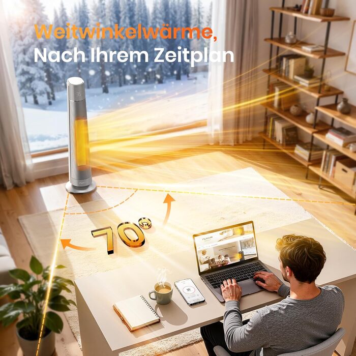 Електричний обігрівач PTC 2000W з термостатом та дистанційним керуванням, тихий, з осциляцією 70°, таймером 12h, захистом від перегріву та нахилу, чорний, 1 шт. (74 см, сріблястий)