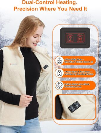 Жіноча флісова електрична жилетка Gokozy з 11 зонами обігріву та акумулятором 7.4V, Sherpa, тепла та затишна жилетка для осені та зими, колір Off-White