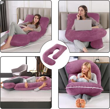 Подушка для вагітних CALIYO J-подібної форми, подушка для годування XXL, бічне положення, 180x70 см, бавовняна підкладка (фіолетовий)