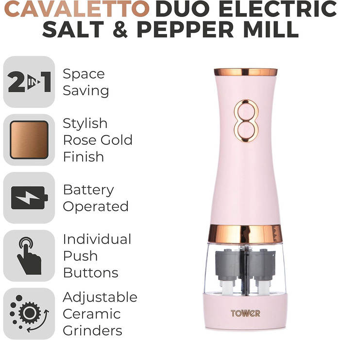 Електричні мельниці для солі та перцю Tower, рожево-золоті, з регульованими керамічними жорнами, T847004PNK Marshmallow Pink