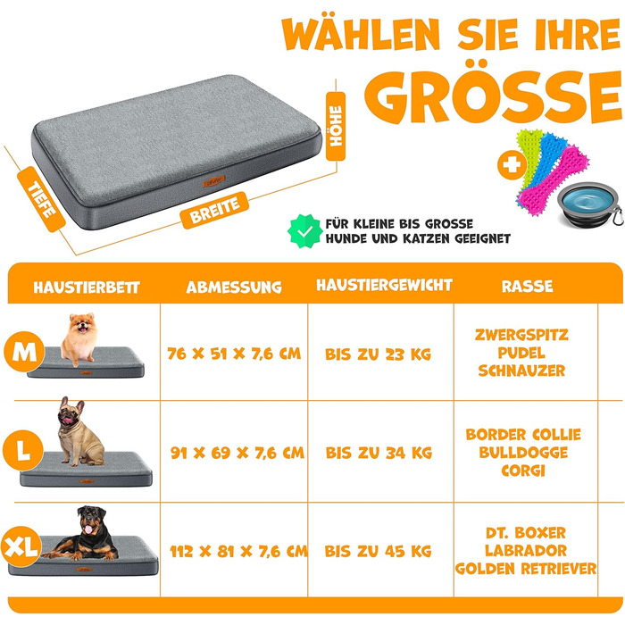 Lovpet® Orthopedic Dog Bed, Dog Cushion, Dog Basket Cookie, Incl. Bowl + 3X Chew Bones, Dog Sofa for Small, Medium & Large Dogs, Removable and Washable Cover, L 91x69x7.6 cm Anthracite