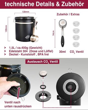 Контейнер для кави Kaffeedose: герметичний, 500г, нержавіюча сталь, 1,5л, з дозатором та календарем, у подарунковій коробці