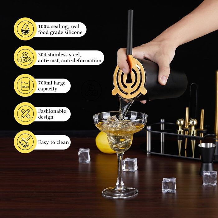 Коктейльний набір 14 предметів з підставкою, 700 мл, золотий – для барменів та початківців