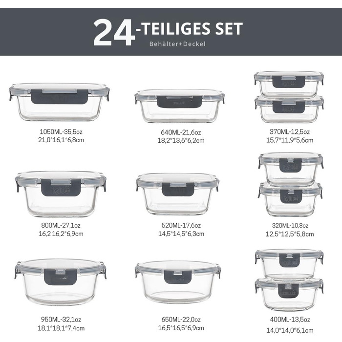Набір контейнерів для їжі Igluu Meal Prep (12 шт.) – 1050 мл, Borosilikatglas, BPA-free, мікрохвильовка, духовка, морозильник, посудомийна машина, витікання