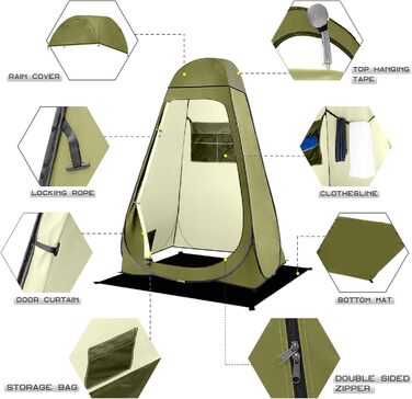 Brian & Dany Pop Up Camping Shower Tent - Portable Privacy Tent with Rainfly & Windows - Outdoor Changing Tent, UPF 50+ Waterproof, Green